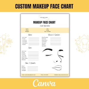 Könnte beinhalten: Eine druckbare Gesichts-Make-up-Tabelle mit Abschnitten für Base, Augen, Augenbrauen & Wimpern sowie Gesicht & Wangen. Die Tabelle enthält Platz zum Auflisten der verwendeten Produkte und Kundeninformationen.