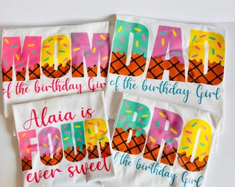 Camiseta de cumpleaños personalizada con temática de helados – Camisetas a juego para mamá, papá y la cumpleañera – Conjunto para fiesta temática de dulces – Camiseta de cumpleaños con nombre personalizado