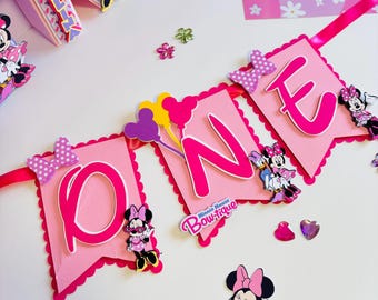 Striscione per seggiolone di Minnie: decorazione rosa per festa di compleanno