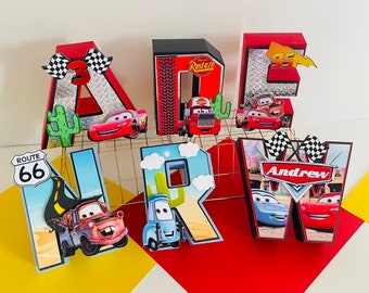 Cars birthday decoration, Route 66 3D decorations, cars birthday party, lighting McQueen birthday decoration, cars 3D number, cars birthday