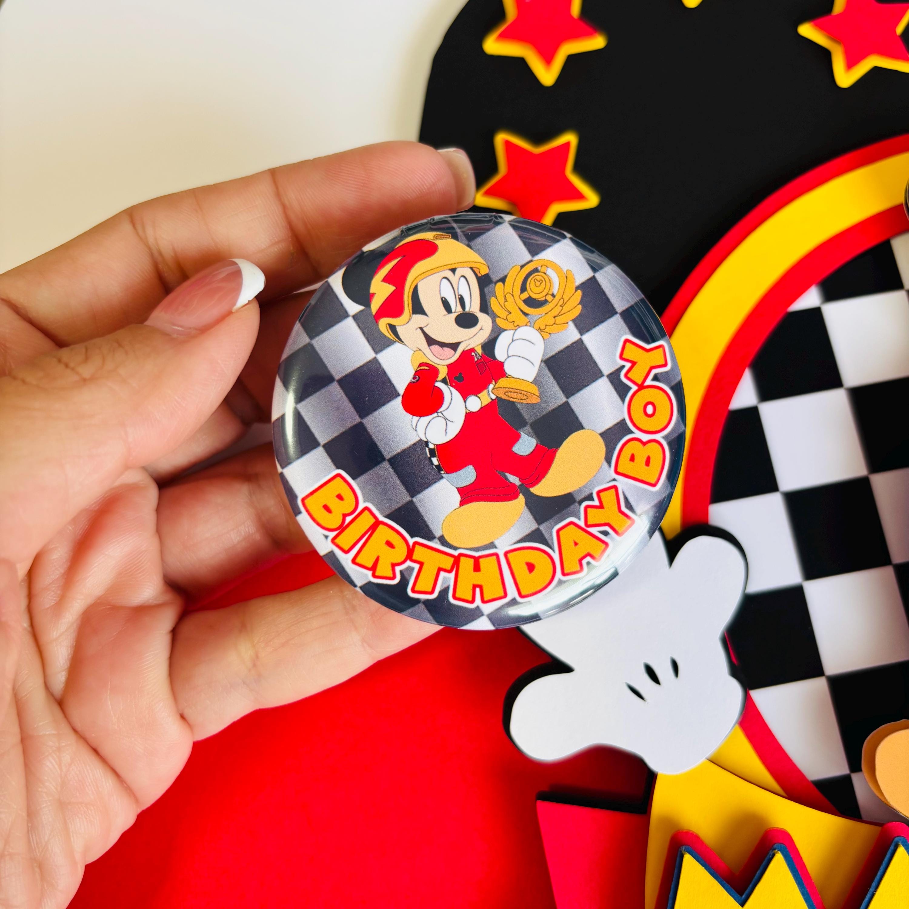 Mickey Racers Flag Mickey Racing Birthday Button | Custom Race Car Party Pin | Mickey ...
