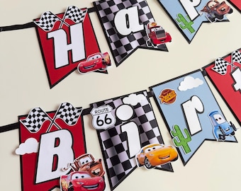 Cars Birthday Banner: Lightning McQueen, Mater, Route 66 Party Decor