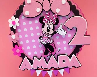 Personlig Minnie Mouse-tårtdekoration: Rosa födelsedagsfestdekoration