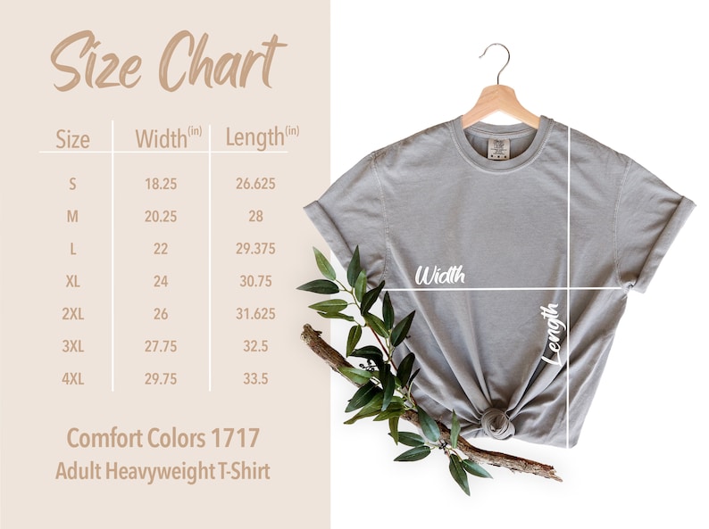 K&ouml;nnte beinhalten: Gr&ouml;&szlig;entabelle f&uuml;r ein graues T-Shirt mit Ma&szlig;en in Zoll. Die Tabelle zeigt die Breite und L&auml;nge des Shirts in verschiedenen Gr&ouml;&szlig;en von S bis 4XL. Der Text "Comfort Colors 1717 Adult Heavyweight T-Shirt" ist ebenfalls sichtbar.