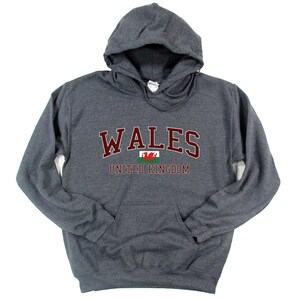 Puede incluir: Una sudadera con capucha gris oscuro con la palabra "WALES" en letras marrones y la bandera galesa debajo. El texto "UNITED KINGDOM" est&aacute; impreso en marr&oacute;n debajo de la bandera.