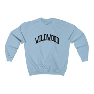May include: A light blue sweatshirt with the word "WILDWOOD" printed in black, arched letters. The sweatshirt has long sleeves and a crew neck. The fabric appears to be a soft, comfortable material.