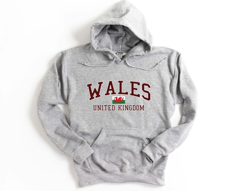 Puede incluir: Sudadera gris con capucha con la palabra "WALES" en letras marrones y un peque&ntilde;o gr&aacute;fico de la bandera galesa debajo. El texto "UNITED KINGDOM" est&aacute; impreso en marr&oacute;n debajo de la bandera.