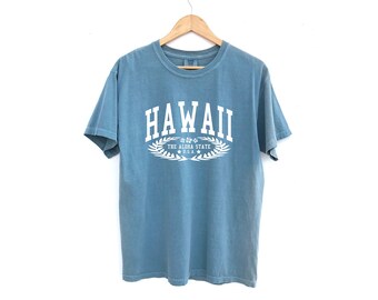 May include: A light blue t-shirt with a white graphic that says "HAWAII THE ALOHA STATE U.S.A." with a floral design and a laurel wreath.