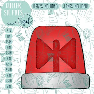 May include: A red and white Christmas hat cookie cutter with a bow on top. The cutter is available in 11 sizes, from 0.5 inches to 5 inches.  3 PNG files are included.