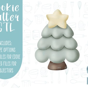 May include: A digital illustration of a Christmas tree cookie cutter with a light yellow star on top, a sage green tree body, and a brown base. Text reads: Cookie Cutter STL, INCLUDES: 4 SIZE OPTIONS, 2 PNG FILES FOR EDDIE, 2 JPEG FILES FOR PROJECTORS.