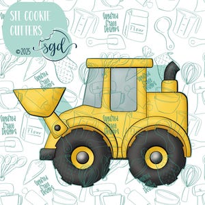 May include: Yellow cookie cutter shaped like a bulldozer with black wheels. The cutter features a front scoop and a smokestack. The background is white with a pattern of kitchen utensils and the text "STL Cookie Cutters".