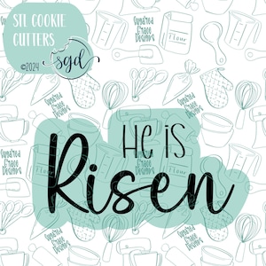 以下が含まれることがあります： 白の輪郭のキッチンツールと黒い文字「He is Risen」が描かれたターコイズブルーの背景。テキストはターコイズブルーの形状で囲まれています。