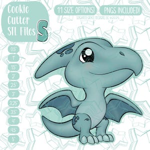 Op de afbeelding: Een lichtblauw cartoon ptero-dactylus koekjessnijderontwerp. De afbeelding bevat de tekst "Cookie Cutter STL Files" en "11 SIZE OPTIONS!" met afmetingen van 1,3 cm tot 12,7 cm. Het ontwerp bevat PNG's.
