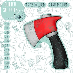 Könnte beinhalten: Ein roter und schwarzer Axt-Ausstecher mit einem weißen Griff. Der Ausstecher ist auf einem weißen Hintergrund mit einem Muster aus Küchenutensilien abgebildet. Das Bild enthält den Text "CUTTER STL FILES" und "11 SIZES INCLUDED! 3 PNGS INCLUDED!"