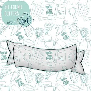 May include: A gray ribbon-shaped cookie cutter centered over a repeating pattern of teal line art illustrations featuring baking tools like whisks, measuring cups, flour bags, and piping bags with the text Sugared Grace Designs.