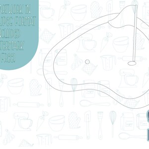 Op de afbeelding: Een zwart-witte lijntekening van een keukenmixer met een garde-accessoire. De afbeelding is omringd door een patroon van keukengerei en ingredi&euml;nten, waaronder kommen, deegrollers, spatels en zakken met suiker en bloem. De tekst "Sugar'd Grace Designs" staat in de rechterbenedenhoek van de afbeelding.