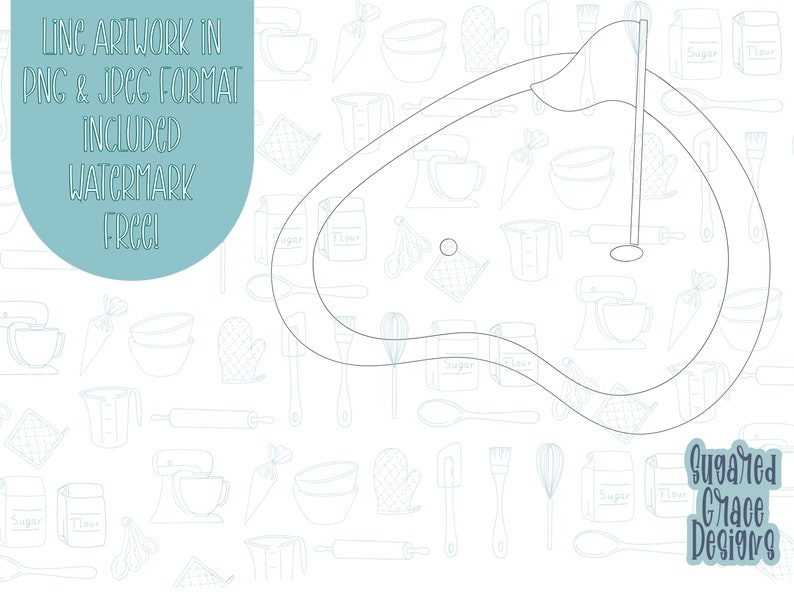 Op de afbeelding: Een zwart-witte lijntekening van een keukenmixer met een garde-accessoire. De afbeelding is omringd door een patroon van keukengerei en ingredi&euml;nten, waaronder kommen, deegrollers, spatels en zakken met suiker en bloem. De tekst "Sugar'd Grace Designs" staat in de rechterbenedenhoek van de afbeelding.