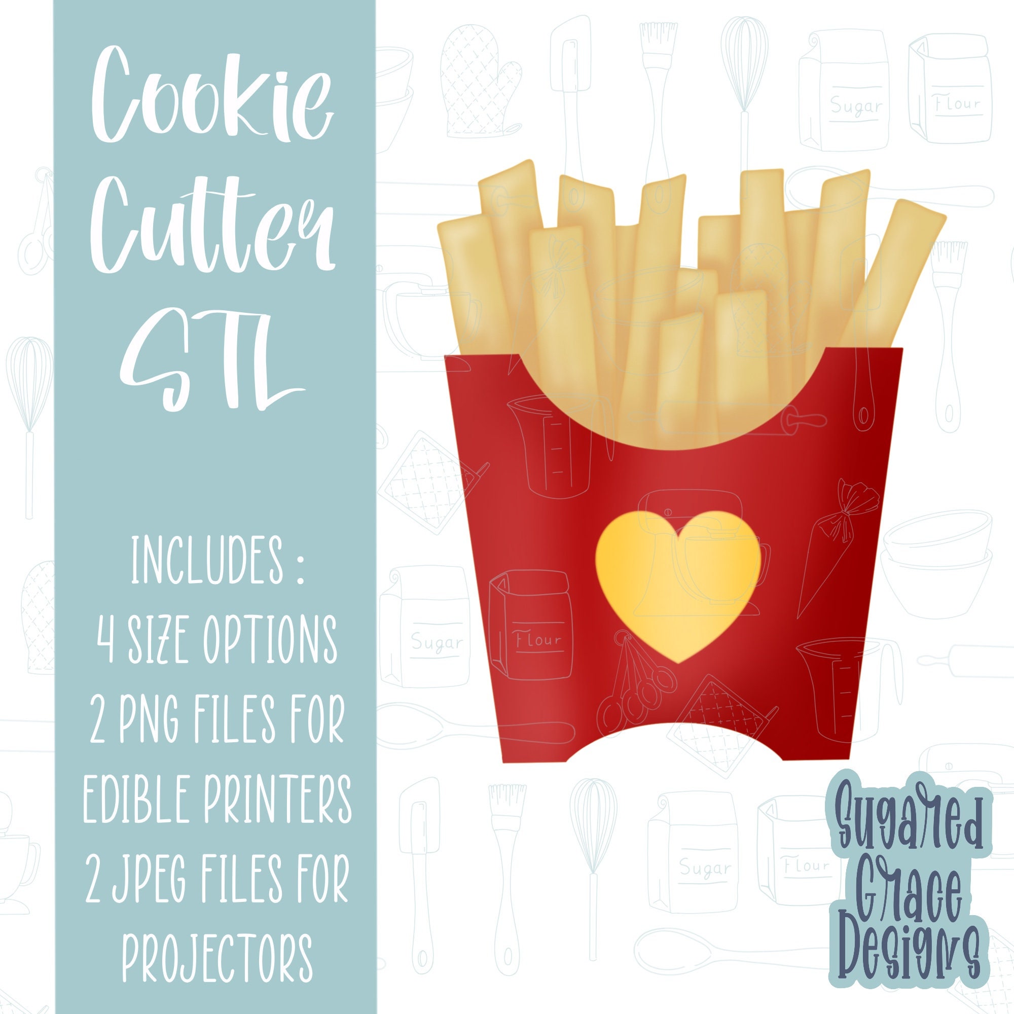French fries cookie cutter stl file for 3D printing with png printable instant download for Eddie the edible printer
