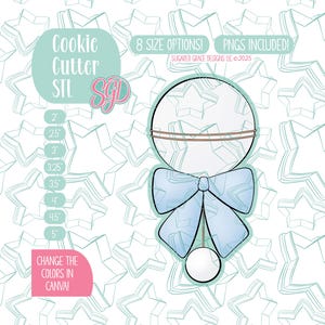 May include: A cookie cutter design in the shape of a baby rattle with a blue bow and a white ball. The design includes the text "Cookie Cutter STL" and "8 SIZE OPTIONS! PNGS INCLUDED!" with size options ranging from 2" to 5".