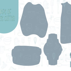 May include: Five different cookie cutter shapes, including a heart, a rectangle, a watch, a shirt, and a freeform shape. The shapes are outlined in blue and are on a white background with a pattern of baking-related items.