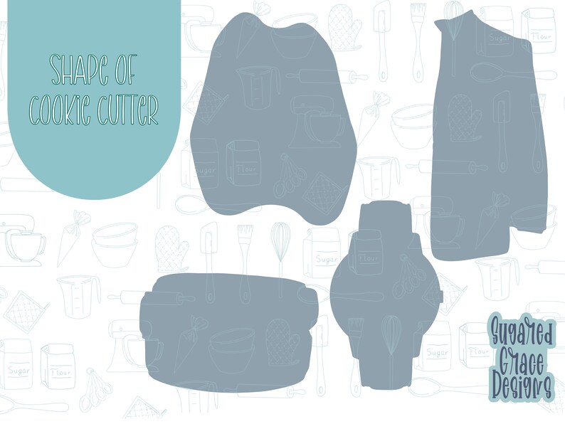 May include: Five different cookie cutter shapes, including a heart, a rectangle, a watch, a shirt, and a freeform shape. The shapes are outlined in blue and are on a white background with a pattern of baking-related items.