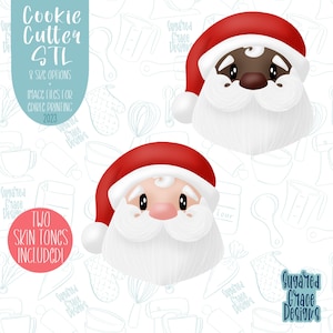 May include: Two digital cookie cutter designs of Santa Claus heads. One Santa has a light skin tone and the other has a dark skin tone. The designs are on a white background with a pattern of kitchen tools.