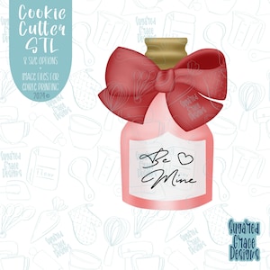May include: A pink glass bottle with a red bow and a white label that says "Be Mine". The bottle is on a white background with a pattern of kitchen utensils.