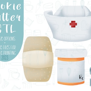 May include: Digital files for a cookie cutter set including a white nurse cap with a red cross, a beige bandage, and an orange and white prescription pill bottle with an Rx symbol. Text reads Cookie Cutter STL, 8 size options, and Sugared Grace Designs.