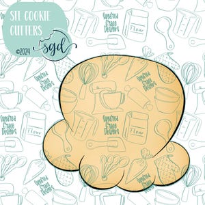 May include: A digital download of a cookie cutter in the shape of a cloud with a light brown outline. The background is a white pattern of various kitchen tools and the text "Sugared Grace Designs".