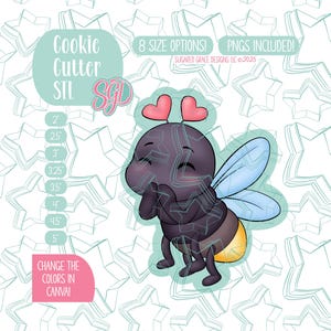 May include: A digital design for a cookie cutter, featuring a cartoon firefly with heart antennae and light blue wings. The design includes size options from 2 to 5 inches. Text includes "Cookie Cutter STL" and "Change the colors in Canva!"