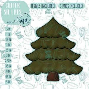 May include: A digital download of 11 different sized SVG files for a Christmas tree cookie cutter. The image shows a green Christmas tree cookie cutter with a brown trunk. The text "CUTTER STL FILES" and "11 SIZES INCLUDED!" are visible in the image.