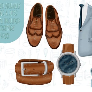 May include: A set of brown leather accessories including a belt, a watch with a blue face, and a pair of brown leather shoes. The background is white with a pattern of kitchen utensils.
