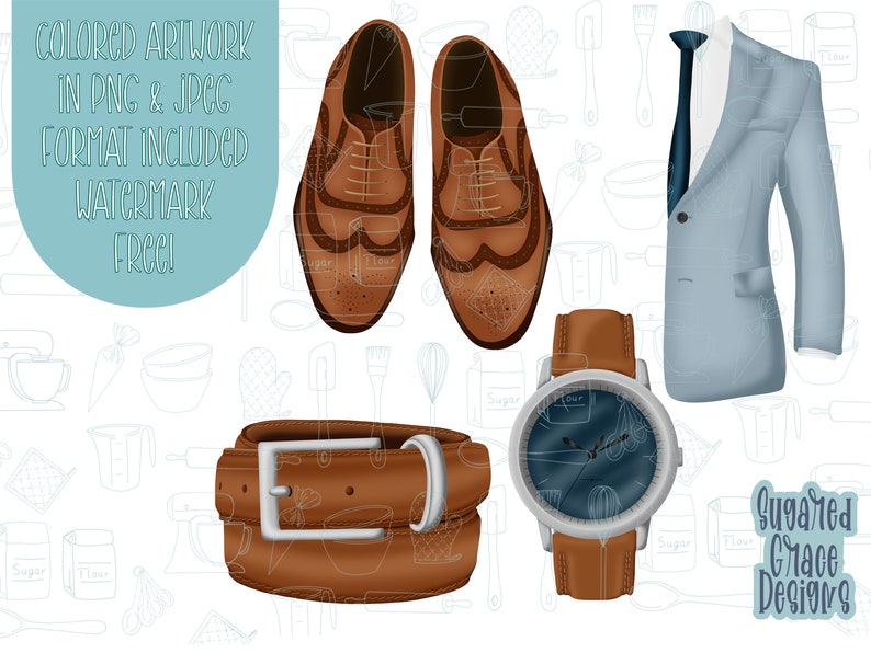 May include: A set of brown leather accessories including a belt, a watch with a blue face, and a pair of brown leather shoes. The background is white with a pattern of kitchen utensils.