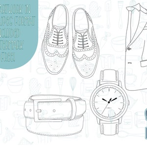 May include: A black and white line art illustration of a man's outfit, including a suit jacket, a belt, a pair of shoes, and a wristwatch. The background is a pattern of kitchen utensils and baking ingredients.