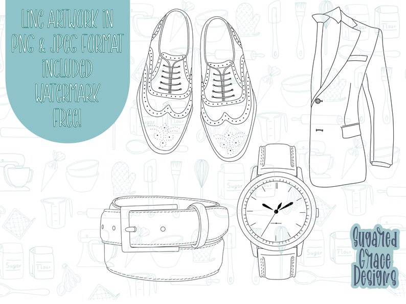 May include: A black and white line art illustration of a man's outfit, including a suit jacket, a belt, a pair of shoes, and a wristwatch. The background is a pattern of kitchen utensils and baking ingredients.