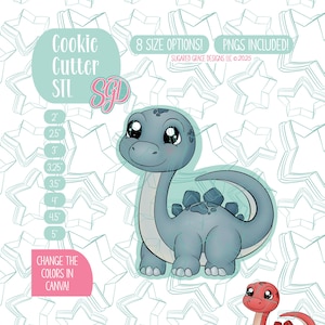 Op de afbeelding: Digitale illustratie van een cartoon dinosaurus koekjessnijder ontwerp. Het ontwerp omvat een blauwe dinosaurus met een lange nek en een kleinere rode dinosaurus. Tekst bevat "Cookie Cutter STL", "8 SIZE OPTIONS!" en maten van 5,08 cm tot 12,7 cm.