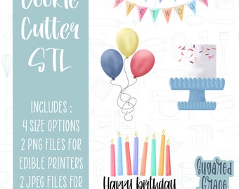 May include: A digital download of a cookie cutter design for a birthday cake with candles, balloons, and a banner that says "Happy Birthday". The design is in a watercolor style with pastel colors.