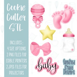 Baby girl cookie cutter stl bundle set for 3D printing, baby shower png printable download for Eddie edible ink printer, baby shower clipart