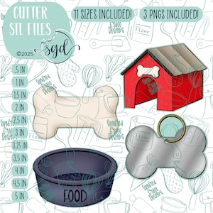 May include: Eleven sizes of dog-themed cookie cutters, including a bone, dog house, and food bowl. The cutters are shown on a white background with a pattern of kitchen utensils. The text "CUTTER STL FILES" is at the top of the image. The text "11 SIZES INCLUDED! 3 PNGS INCLUDED!" is at the top right of the image.