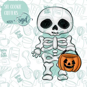 May include: A digital illustration of a white skeleton character with black eye sockets and a stitched mouth, holding an orange jack-o'-lantern candy bucket. The background features a repeating pattern of baking tools and the text STL COOKIE CUTTERS.