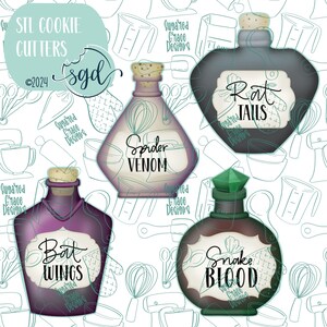 May include: Four cookie cutters shaped like potion bottles with labels that read "Rat Tails", "Spider Venom", "Bat Wings", and "Snake Blood". The cutters are purple, green, and black.