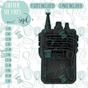 Puede incluir: Archivos STL de cortador en forma de walkie-talkie negro con el texto "CUTTER STL FILES" y "11 SIZES INCLUDED!" y "3 PNGS INCLUDED!". El cortador tiene un fondo de ilustraciones temáticas de repostería y medidas de 1,27 cm a 12,7 cm.