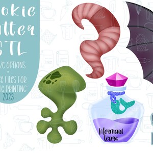 May include: A set of five cookie cutters in various shapes, including a mermaid tail, a bottle with a mermaid inside, a bat, a swirl, and a blob. The cutters are designed for edible printing and come in eight sizes. The image also includes the text "Cookie Cutter STL", "8 Size Options", "Image Files for Edible Printing", "2023", "Mermaid Tears", and "Sugar'd Grace Designs".