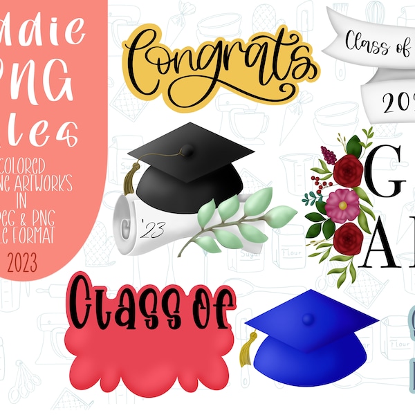 Graduation png graphic bundle set for Eddie edible printer, congrats grad image, floral grad cap, banner plaque royal icing image