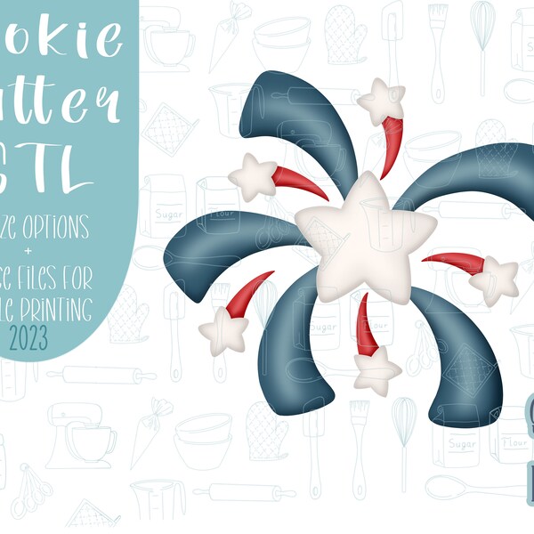 Firework cookie cutter stl file for 3d printing, patriotic png printable instant download for Eddie edible printer, independence, July 4th