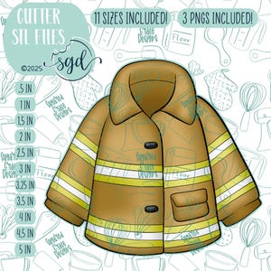 Könnte beinhalten: Ein digitaler Download von 11 verschiedenen Größen von SVG-Dateien für einen Feuerwehrjacken-Ausstecher. Der Ausstecher ist braun mit gelben und weißen Streifen. Das Bild enthält den Text "Cutter STL Files" und "11 Sizes Included! 3 PNGs Included!"