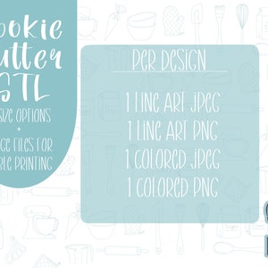 Op de afbeelding: Een blauwe en witte afbeelding met de tekst "Cookie Cutter STL" en "8 Size Options" en "Image Files for Edible Printing". De afbeelding bevat ook de tekst "Per Design" en een lijst met de meegeleverde beeldbestanden: "1 Line Art JPEG", "1 Line Art PNG", "1 Colored JPEG", "1 Colored PNG". De afbeelding bevat ook de tekst "Sugared Grace Designs".