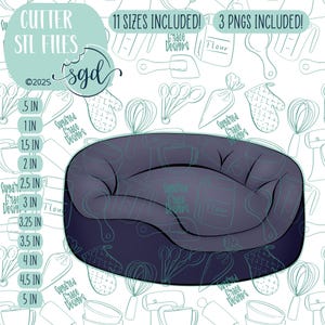 May include: A digital download of 11 different sized SVG files for a dog bed cutter. The cutter is a dark blue colour and is shown on a white background with a pattern of kitchen utensils.