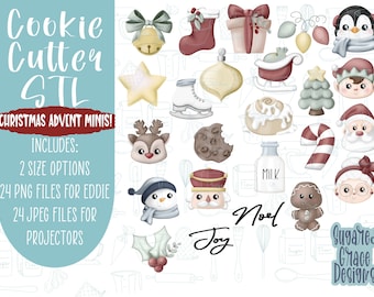 Könnte beinhalten: Eine digitale Sammlung von weihnachtlichen Ausstechformen-Designs, darunter eine Glocke, ein Strumpf, ein Geschenk, ein Pinguin, ein Stern, ein Schlittschuh, ein Ornament, ein Schlitten, ein Baum, ein Elf, ein Rentier, ein Keks, eine Zimtschnecke, eine Zuckerstange, der Weihnachtsmann, eine Milchflasche, ein Schneemann, ein Nussknacker, ein Lebkuchenmann und Stechpalmen.