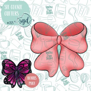 May include: A pink bow-shaped cookie cutter with a pattern of kitchen tools, and a black and pink butterfly cookie cutter. The image includes the text "STL COOKIE CUTTERS" and "BONUS PNG!"